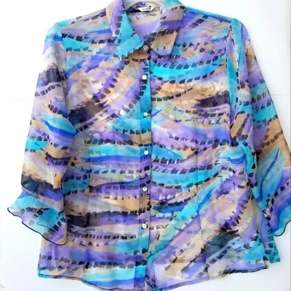 NICOLE 3/4 SLEEVED SEMI SHEER BLOUSE. SZ L - Picture 1 of 14